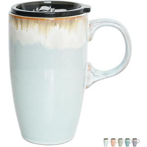 Bosmarlin Ceramic Travel Coffeel Mug with Handle and Lid, 18 oz, Portable Coffee Cup for Car Cup Holder, Microwave and Dishwasher Safe, Reactive Glaze (Light Grey Blue)