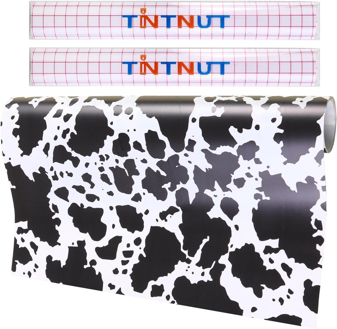 Tintnut Cow Spots Permanent Vinyl Roll - 12" x 5ft, Black and White Cowhide Patterned Permanent Adhesive Vinyl for Cutting Machine Home Decor Self Sticker