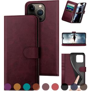 DuckSky Compatible with iPhone 16 Pro 6.3" Genuine Leather Wallet caseRFID Blocking4 Credit Card HolderReal Leather Flip Folio Book Phone case Cover Women Men for Apple 16 Pro case Wine Red
