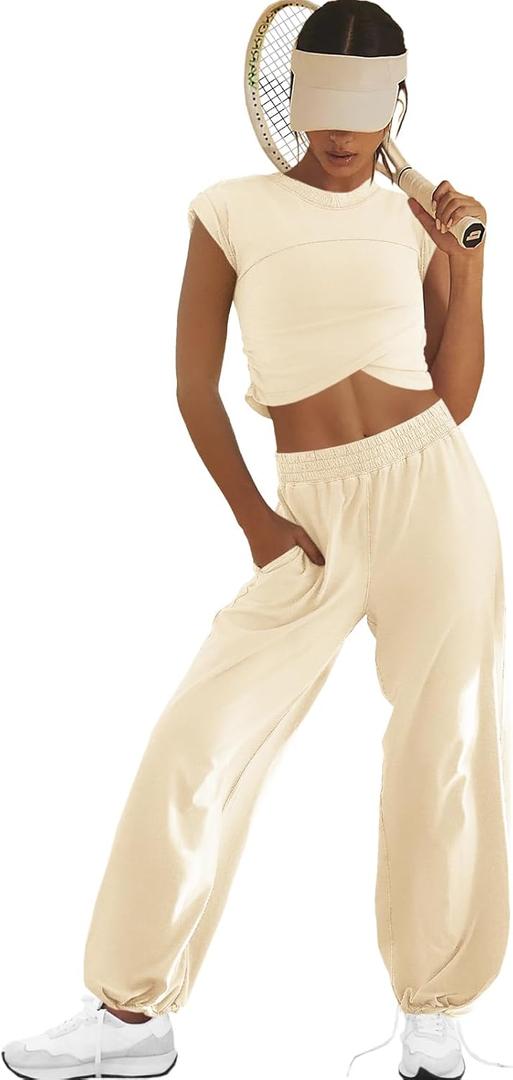 LAMISSCHE Womens Loungewear Set 2 Piece Outfits Sets Cropped Tops and Wide Leg Pants with Pockets Tracksuit (Beige, XS)