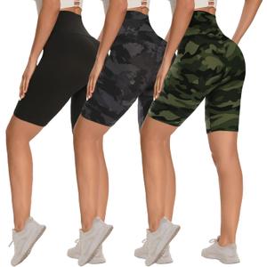 3 Pack Biker Shorts for Women  8"/5"/3" High Waisted Tummy Control Workout Yoga Running Athletic Shorts (XX-Large, Black/Green Camo/Black Printing)