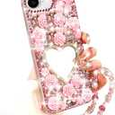 Changjia for iPhone 17e/ iPhone 16e Glitter Bling Case, Cute 3D Sparkle Heart Makeup Mirror Crystal Rhinestones Flowers Diamond Gems with Lanyard Wrist Strap Women Girls Case for iPhone 17e/ 16e, Pink