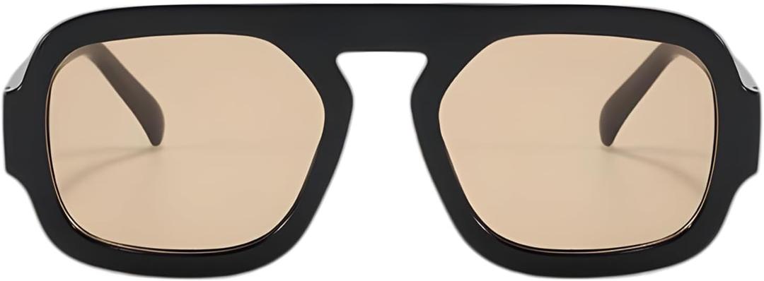 ADE WU Trendy Square Sunglasses for Women Men,Vintage Square Aviator Sunglasses Fashion 70s Inspired Stylish Flat Top Shades (Black/Light Brown)