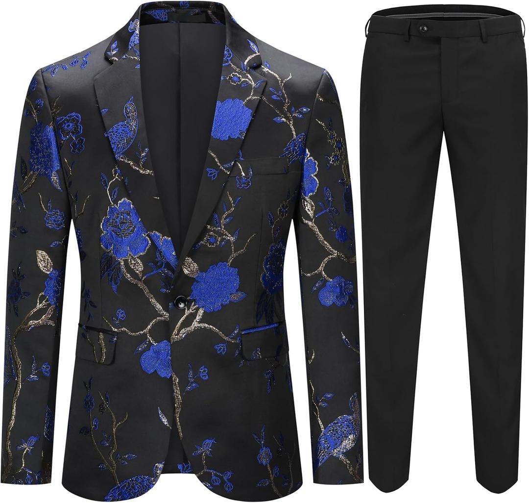 Cloudstyle Mens 2 Piece Floral Dress Suit One Button Dinner Tuxedo Jacket & Pants (Medium, Blue)