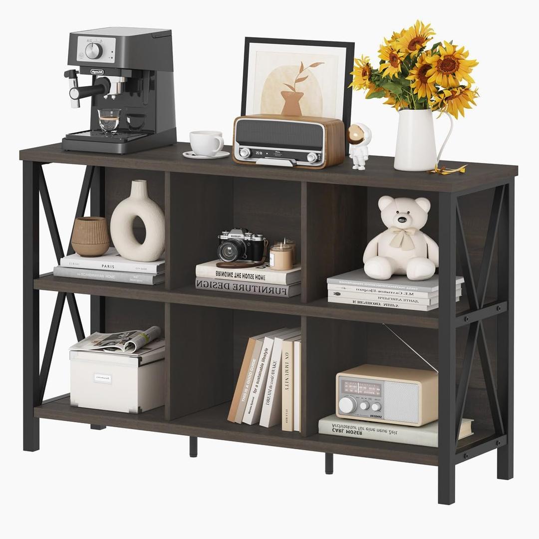 FATORRI Rustic 6 Cube Storage Organizer with Shelf, Wood and Metal Cubby Bookcase, Industrial Horizontal Bookshelf for Living Room, Home Office (Walnut Brown, 47 Inch) 