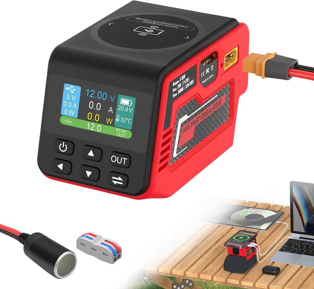 Kzreect 300W Adjustable DC 230V Voltage Regulator Compatible with Milwaukee 18V Battery XT60 Output, 140W Type-C, 18W USB-A, 15W Wireless Charger, LCD Display (Battery Not Included) (Red)