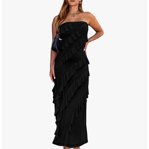 BTFBM Women Summer Elegant Strapless Midi Ruched Bodycon Dress Solid Color Stretch Mesh Slim Party Cocktail Dresses, S
