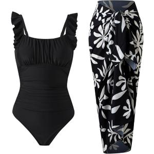 Women's Vintage One Piece Swimsuit with Skirt 2 Piece Bathing Suit Set with Cover Up Tummy Control Slimming Swimwear (Medium, Black)
