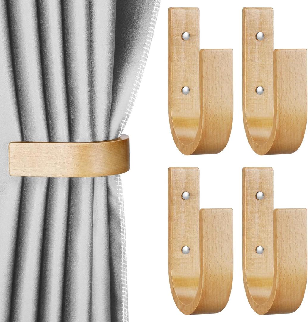 Kigley 4 Pcs Curtain Tiebacks Wood Holdbacks Wooden Curtain Hooks U Shaped Holders Wall Mount Pullbacks for Home Outdoor Decor(Wood Color)