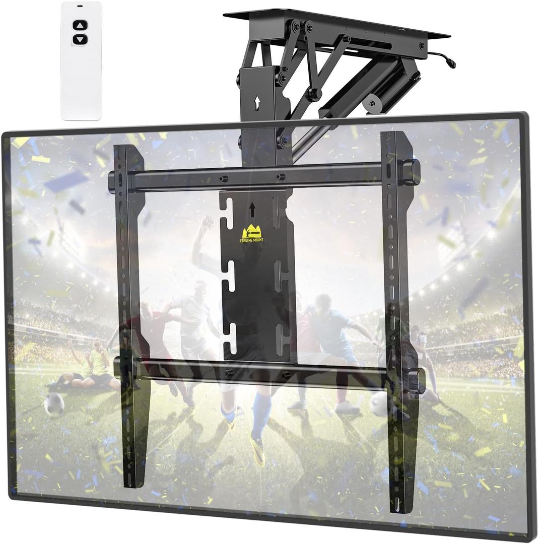 FORGING MOUNT Electric Ceiling TV Mount with Remote, Off-Center VESA Design for 37-86 inch TVs, Holds 110 lbs, VESA 600x600, Heavy Duty Motorized TV Ceiling Mount Flip Down Fits Flat & Pitched Roof