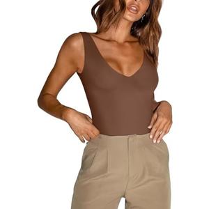 REORIA Butsmooth® Women’s Trendy Sexy Plunge Deep V Neck Sleeveless V Backless Going Out Tank Bodysuits Tops Medium, Coffee