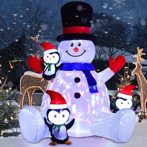 DearHouse 7Ft Lighted Christmas Inflatable Snowman with Three Cute Penguins, Rotating 7 Color Changing Lights Building 3 LED Lights Outdoor Indoor Holiday Yard Inflatables Home Decor