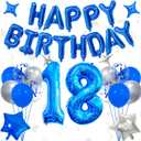 32 Inch 18 Balloon Numbers, Happy Birthday Balloon Banner 16 Inch Mylar Foil Letters Balloons Blue and Silver Balloons for 18th Birthday Decorations for Boys Blue Party Decorations (Blue-18)