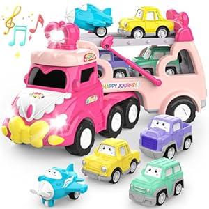 Toddler Car Toys for 1 2 3 4 Year Old Girl Birthday Gift, 5 in 1 Pink Princess Transport Carrier Trucks for Girls Age 1-2 3-4 with Lights & Music, Toddler Girl Toys for 1 2 3 4 Year Old Birthday Gift
