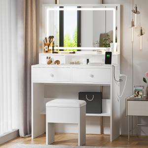 Haewon White Makeup Vanity with Lighted Mirror and Charging Station, Vanity Table Set with Adjustable Lighting, 4 Drawers, Storage Chair for Bedroom (Small)