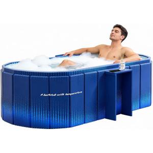 Portable Bathtub, Foldable Bathtub w/Side Rack, 59x21.6x19.6", Blue | Inflatable Bathtub Free Standing Tub with 2 Drain Ports, Space Saving, Hot Tub, Ice Bath Tub, Indoor Outdoor