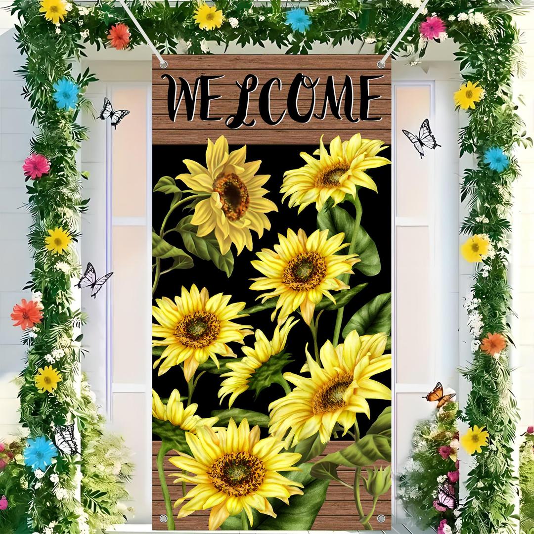 Sunflower Door Cover Decoration, Sunflower Welcome Door Porch Sign Banner for Spring Summer Holiday Party Decorations Supplies Backdrop Indoor Outdoor Decor 35.4 x 70.8 Inches (Spring 5)