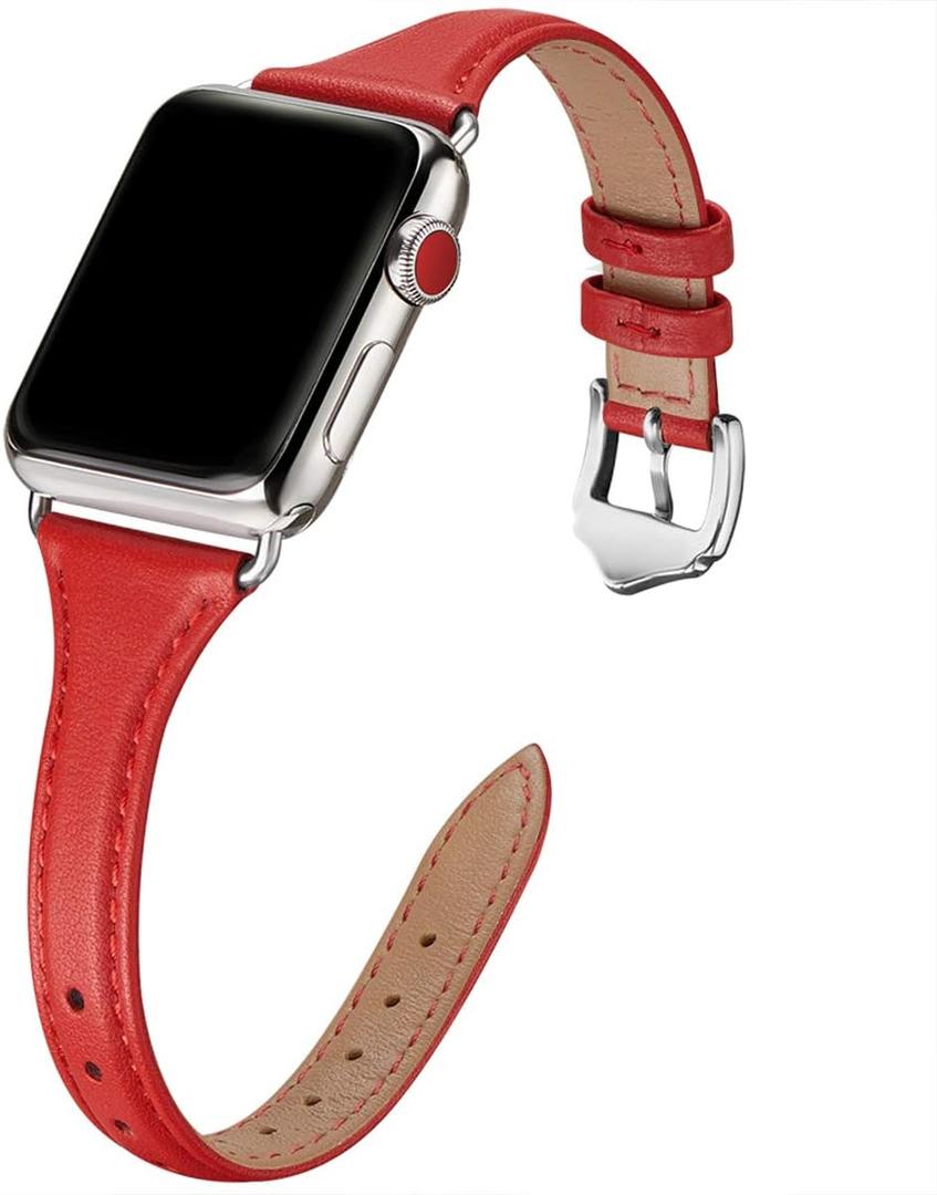 WFEAGL Compatible with Leather Apple Watch Band 41mm 40mm 38mm 42mm(series 11 10) Women, Top Grain Leather Strap Slim & Thin Replacement Wristband for iWatch Bands SE 3 2 1, Series 11 10 9 8 7 6 5 4 3 2 1 (Red/Silver)