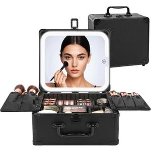 Relavel Makeup Bag with LED Mirror, Makeup Box Travel Train Case with Rechargeable Lighted Mirror & Adjustable Dividers, Cosmetic Brush Organizer Storage for Makeup Artists Gifts for Women and Girls (Small, Black)