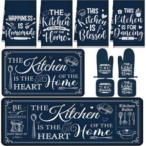 Fourluoo 10 Pcs Farmhouse Kitchen Decor and Accessories Set 4 Kitchen Towels 2 Pot Holders 2 Oven Mitts 2 Rugs for Cooking Baking Mom Housewarming Gifts(Dark Blue,Classic Style)