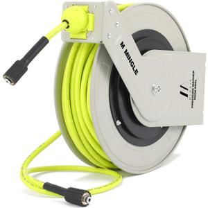 M MINGLE Retractable Pressure Washer Hose Reel, 1/4" 100ft Heavy Duty Professional Hose Reel, Auto Rewind Power Washer Hose Reel, Wall/Floor Mounted, 3600 PSI