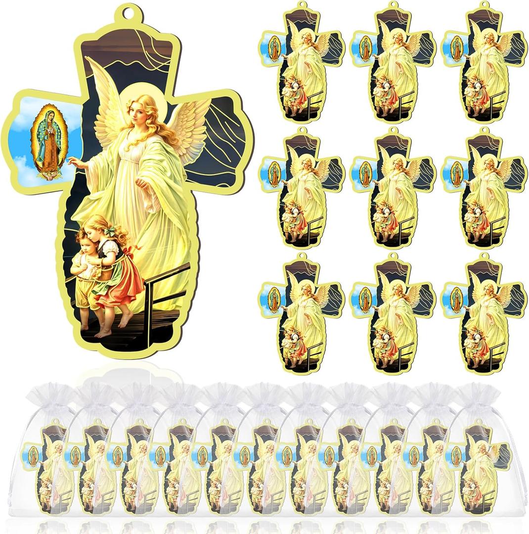 24 Pcs Guardian Angel Wood Wall Cross with Organza Gift Bags Angel Statue Baptism Favors for Guests First Communion Gift Christian Favors Angelitos para Bautizo