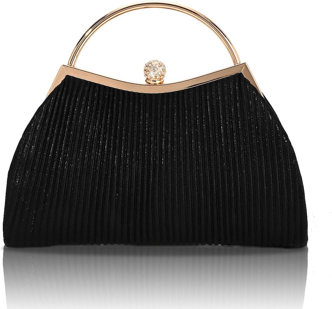 Evening Bag for Women Sparkly Handbag with Chain, Women's Shoulder Bag Pleated Clutch Purse for Wedding, Prom, Party, Color: Black Y