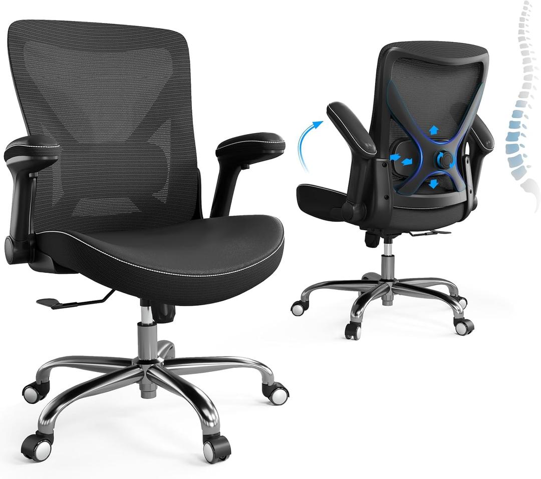 Ergonomic Office Chair-Computer PU Leather X-Shaped Desk Chair-Gaming Chair with Adjustable Flip-up Armrests Lumbar Support Mesh Executive Chair for Long Hours Office, Black 