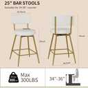 Gold White Counter Height Bar Stools Set of 2, Modern Swivel Bar Stools with Back, 25 Inch PU Leather Barstools Bar Chair Island Stool for Kitchen Counter, White Gold