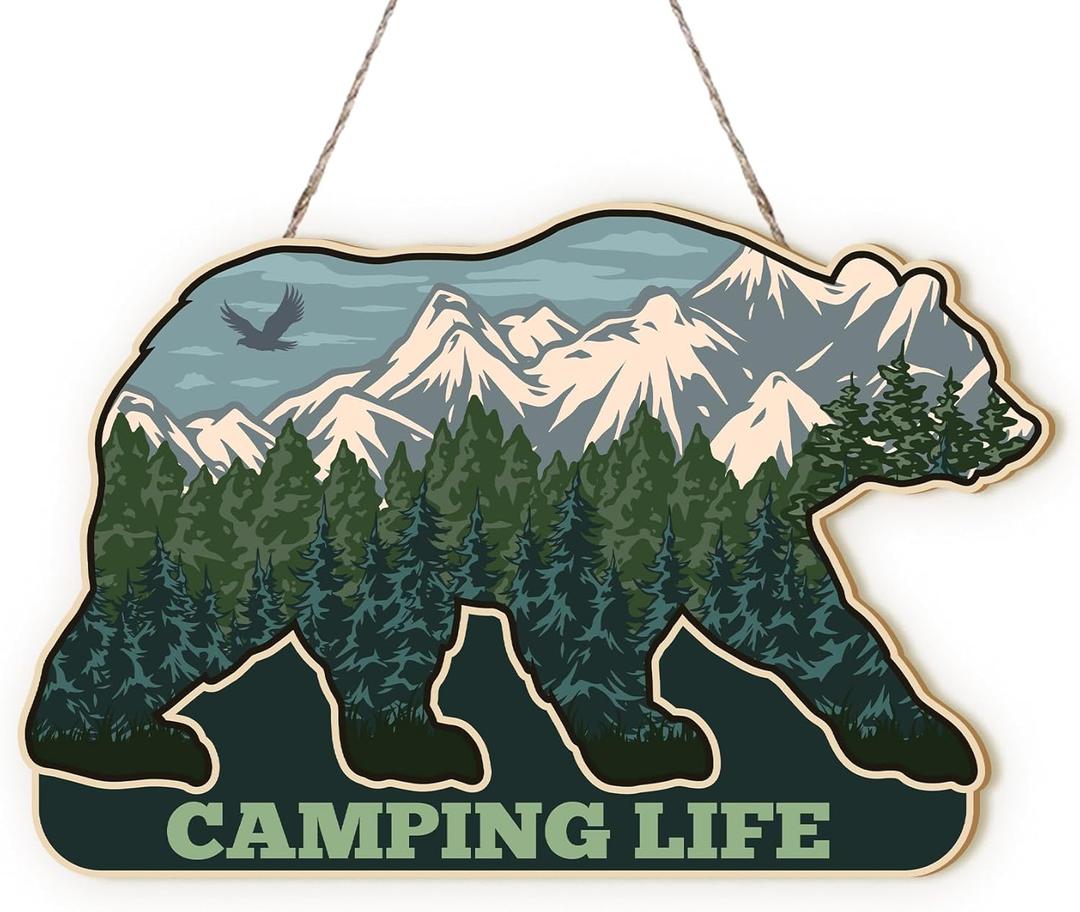 MOTERMATE Woodland Bear Camping Life Sign Decor, Rustic Cabin Lodge Wall Hanging Decor for Home, Camping Signs, Bear Forest Front Porch Door Decor, Camper Decor for Inside,Camper Must Haves,8x10 Inch