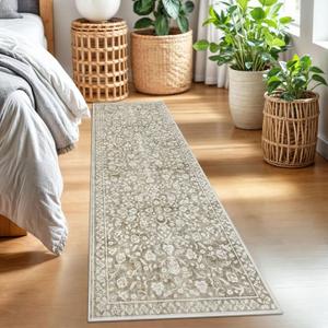 Vintage 2x7 Runner Rug, Beige Taupe Washable Runners for hallways, Super Soft Kitchen Runner Rug Non Slip, Print Faux Wool Floral Thin Carpet Runner for Entryway Indoor Bedroom Bedside Runner
