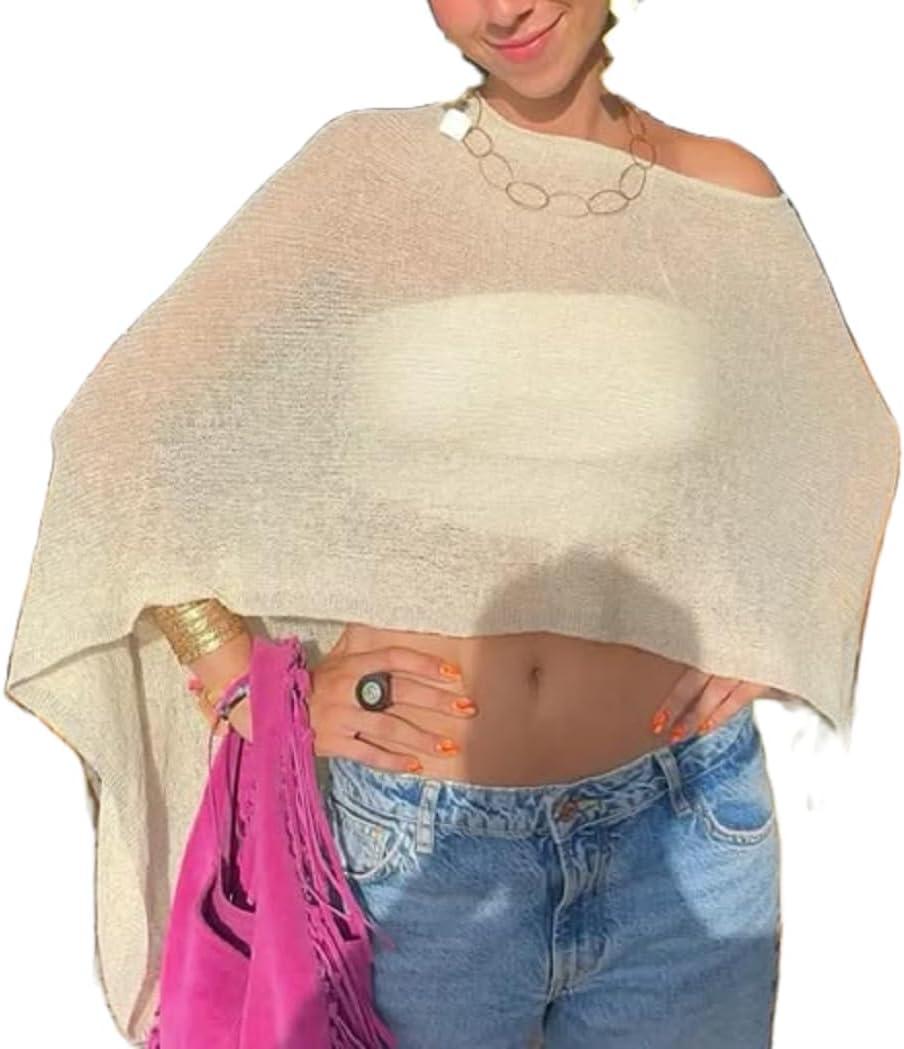 Women Sheer Knit Poncho Top Mesh Beach Cover Up (One Size, A1 Light Yellow)