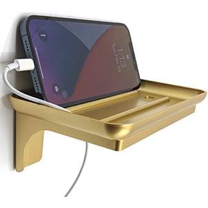 McLee Creations Wonder Shelf - Small Plastic Self Adhesive Bathroom Wall Mounted Shelf Designed for Smartphone and Flushable Baby Wipes (1, Gold with Holes)