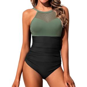 Daci Tummy Control One Piece Swimsuits - Women High Neck Mesh Bathing Suit Swimwear, XL