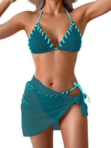 B2prity Women's Bikini Sets 3 Piece Swimsuit Halter Triangle Mesh Sarong Wraps Bathing Suit with Coverups, 2 XL