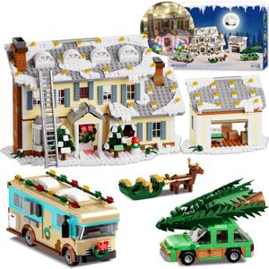 Christmas Holiday House Building Set, 5 in 1 Model Buildings Kits Snow Village & RV Toy Building Blocks Sets with LED, Xmas Decor Toys Gifts for Kids Girls Boys Ages 8+ Adults (1958PCS)