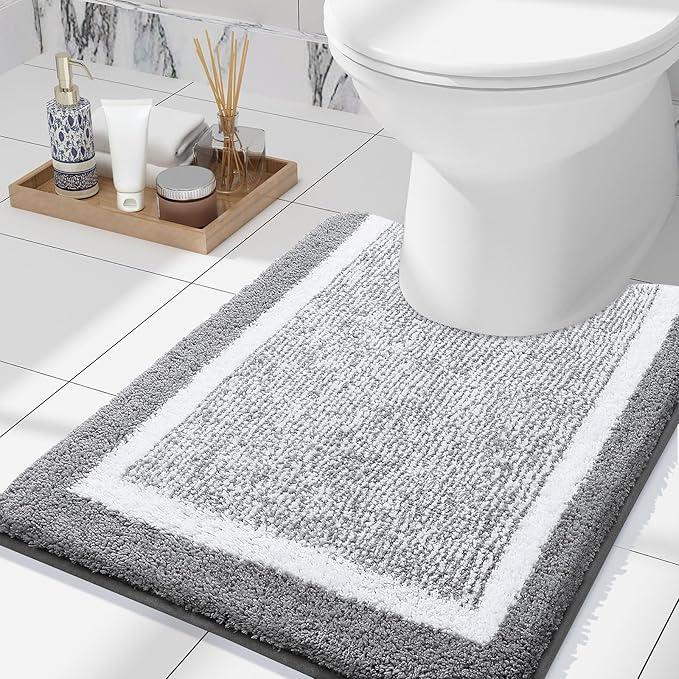 Toilet Rugs U-Shaped 24x20, Extra Soft and Absorbent Microfiber Bathroom Rugs, Non-Slip, Machine Wash Dry, Plush Shaggy Contour Bath Mats for Toilet Base (Grey and White) 