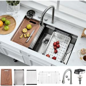 33 Inch Undermount Waterfall Kitchen Sink-Bokaiya 33x19 Stainless Steel Undermount Workstation Sink 16 Guage Multifunction Single Bowl Kitchen Sinks with Faucet (Brushed Nickel)