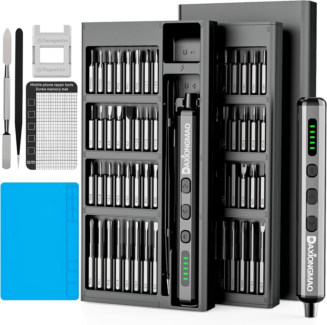 Daxiongmao Mini Electric Screwdriver, 70-in-1 Small Cordless Screwdriver  64 S2 Precision Bits, 5 Torque Settings, 4 LED Lights, Ideal Repair Tool Kit for Camera, Laptop, PC and Electronics (Blue)