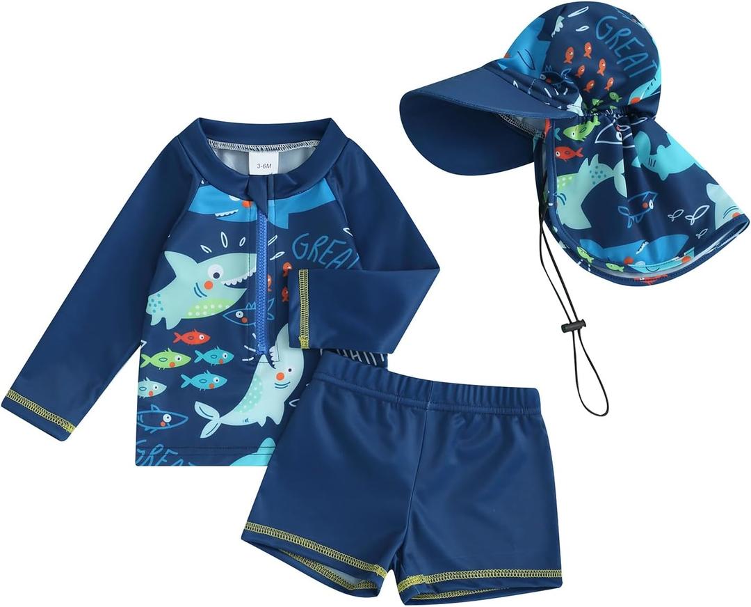 Baby Toddler Boys Swimsuit 3Pcs Set Rash Guard Swimsuits Shark Print Long Sleeve Zip Up Bathing Suit Swimwear Hat (Blue, 12-18 Months)