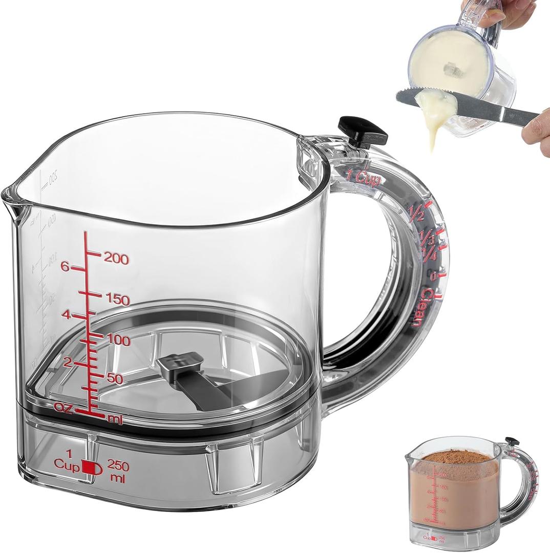 4-in-1 Adjustable Measuring Cup, Multi-Functional Kitchen Tool with Push-Button, with Adjustable Base & Scraper-Style Seal Base, Space-Saving Nesting Design for Cooking, Baking, Liquid & Dry Measure