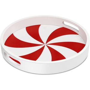 Christmas Serving Tray with Handles Christmas Round Decorative Tray Coffee Table Serving Platter Rustic Wooden Decorative for Xmas Entertaining for Coffee Table (Candy Cane)