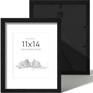 Picrit 11x14 Picture Frame Set of 2, Solid Wood and Black Backboard, Displays 8x10 with Mat or 11 x 14 Without Mat, Tabletop & Wall Mounted, Multi-Piece Wall Gallery Photo Frames for Home Decor, Black Wood Grain