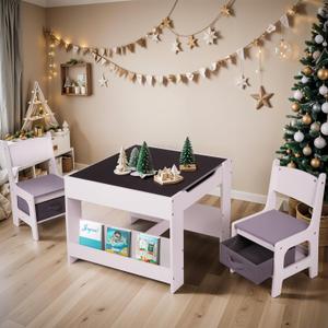 Joyooss Kids Table and Chair Set,4 in 1 Wooden Kids Table and Chairs Ages 3-7,Toddler Table with Storage Kid Desk and Chair Set for Toddlers 2 in 1 Tabletop
