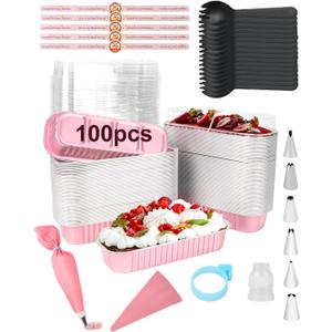 100 Pack Mini Cake Pans with Lids Spoons & 1 Piping Bag and Tips Set  6.8oz Disposable Aluminum Foil Pink Mini Loaf Pans for Cake Tins, Baking, Gift & Parties