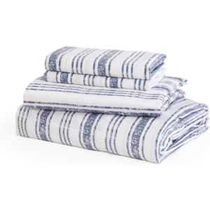 JSD 100% Cotton Queen Sheet Set, Neutral Blue Striped Bed Sheets, 300 Thread Count Sateen Weave, Deep Pocket Oeko-Tex Certified