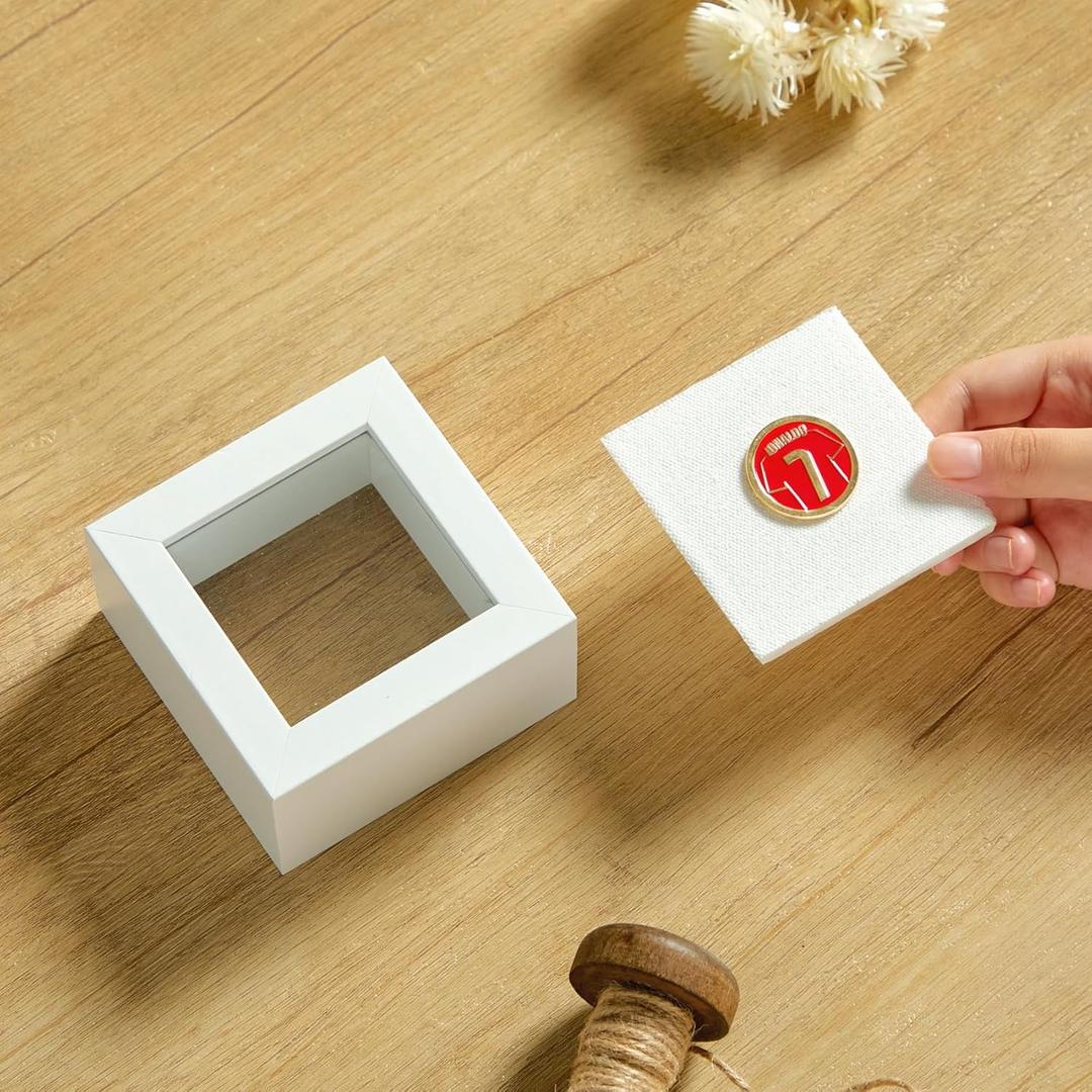 3x3 Small Square Shadow Box Picture Frame Display Case with Soft Linen Back,Small Mini Tiny White Deep Shadow Memory Box Frame 3x3 for Nsect Specimen Baby Wedding Pet Graduation Medal Souvenir (White + Thickened Panel + Foam Packaging)