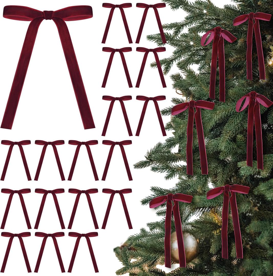 24 Pcs Velvet Bows Christmas Tree Ornaments Vintage Velvet Ribbon Bows for Tree Garland Wreath Indoor Xmas Decorations(5 x 7 Inch,Width of 5/8",Burgundy)