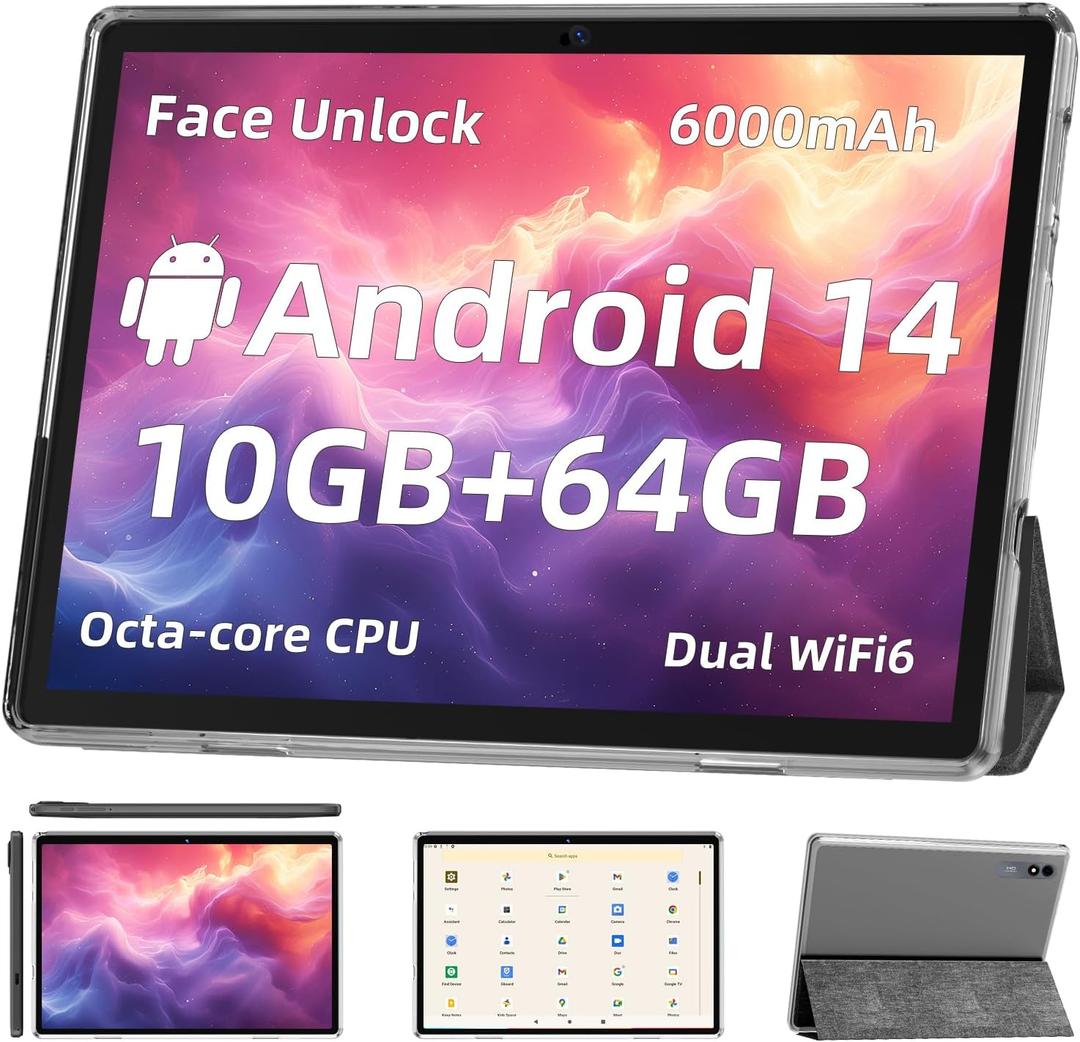 Android 14 Tablet,10 inch Tablets, Octa Core CPU, 10GB+64GB+512GB Expansion, 1280x800 HD IPS Touchcreen Display , Wi-Fi6, Dual Camera, 6000mAh Battery, Bluetooth5, 2 in 1 Tablet PC,Widevine L1 (Black)