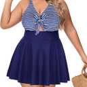 NIeyook Womens Plus Size One Piece Swimsuit with Skirt V Neck Cutout Flowy Swim Dress Tummy Control Bathing Suit (Navy Blue Stripes, Size 22Plus)